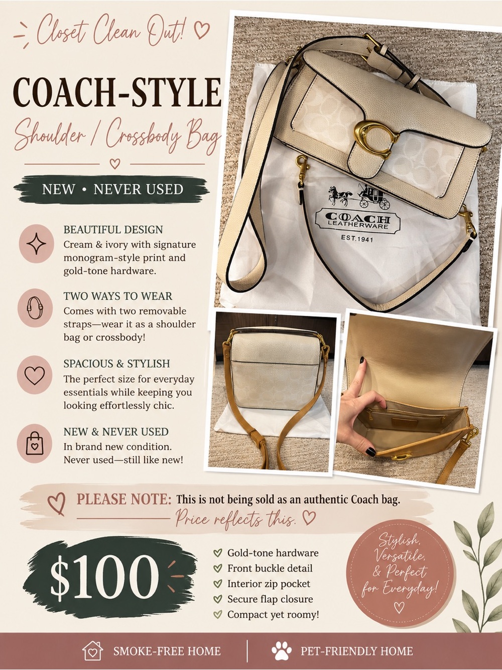 Coach-Style Cream & Ivory Shoulder/Crossbody Bag